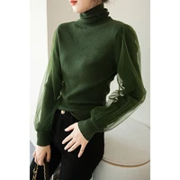 2021 fall winter new long sleeve turtleneck female sweater knitted tops women korean lace mesh patchwork indie pullover knitwear