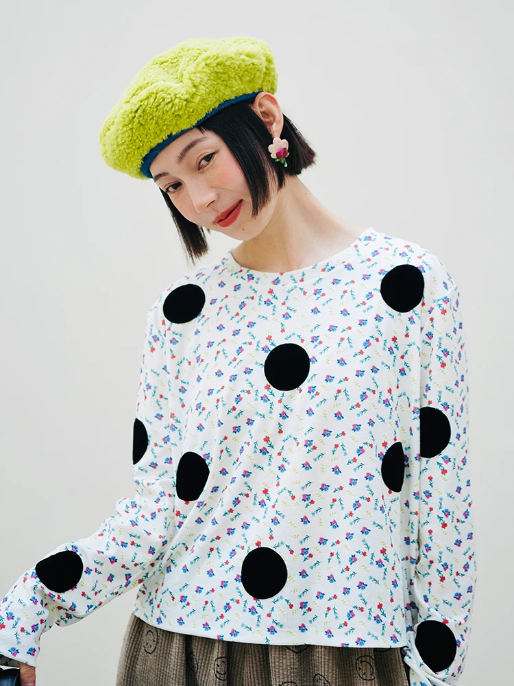 

imakokoni 2022 original floral polka dot bottoming can be worn outside T spring round neck long-sleeved women's clothing 213535