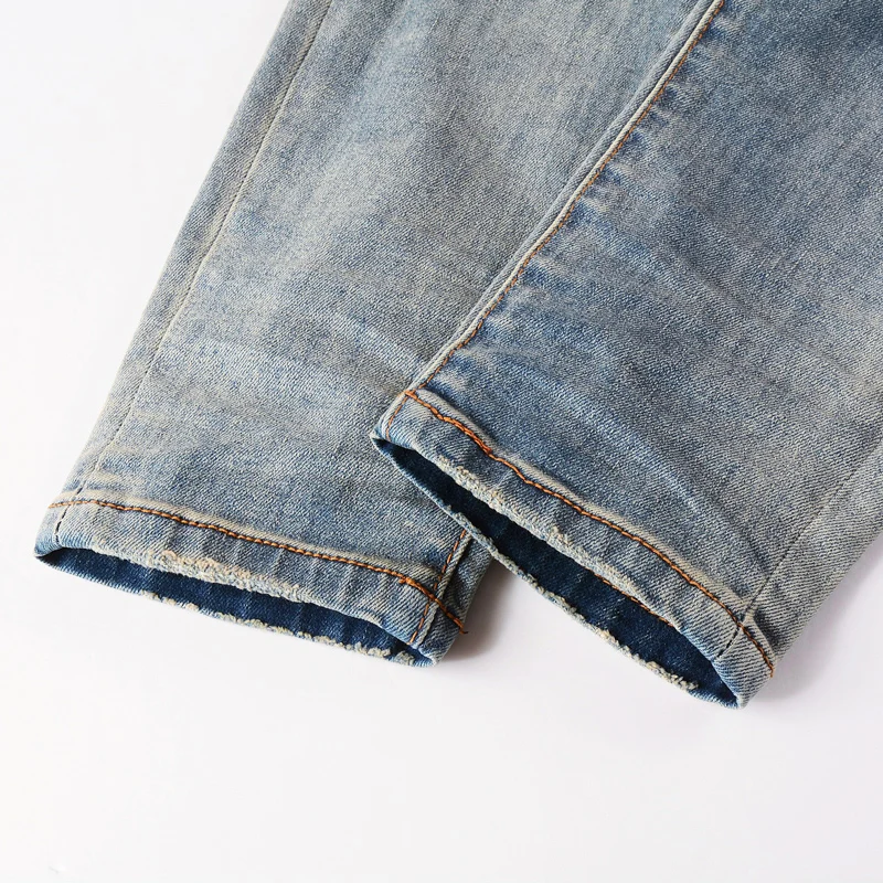 High Street Fashion Men Jeans Retro Blue Elastic Stretch Skinny Ripped Jeans Men Red Patched Designer Hip Hop Brand Pants Hombre