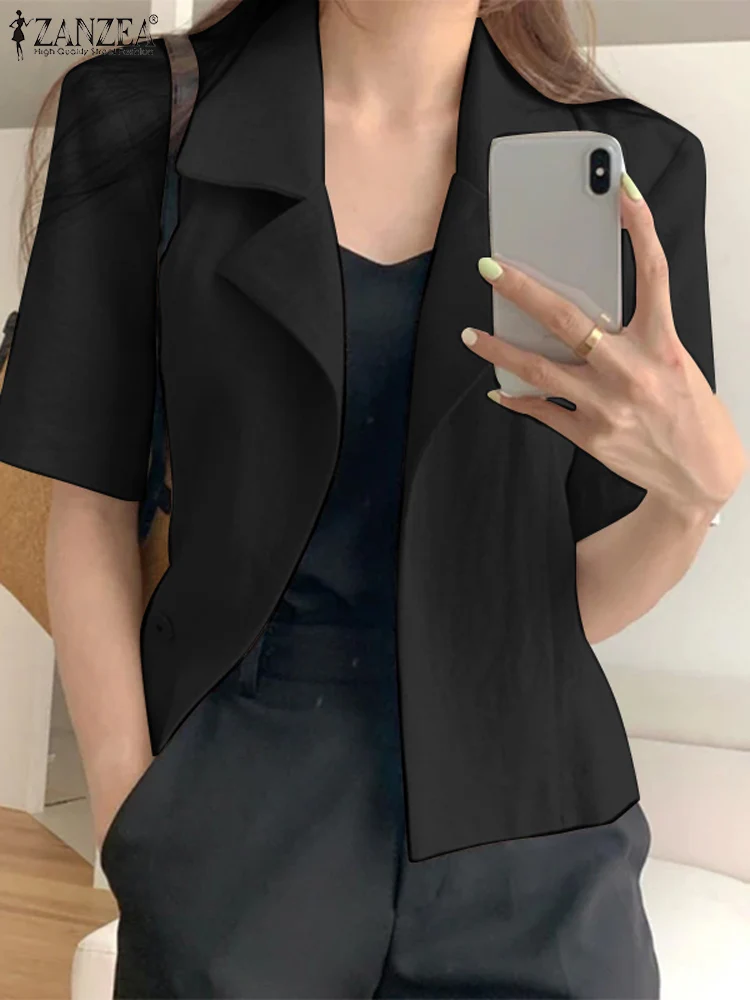 ZANZEA Fashion Blazer Summer Lapel Neck Shirt Woman Solid Color Short Sleeve OL Blouse Femme Casual Streetwear Tops Blusas Mujer