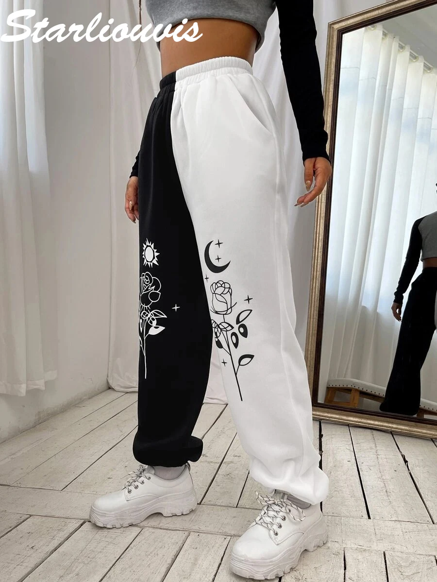 Модные женские брюки Harajuku с принтом и Высокой Талией Спортивные уличный стиль