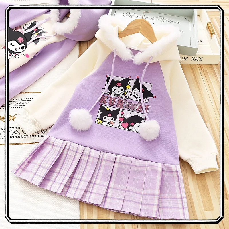 

Sanrio Sweater Skirt Kuromi Kawaii Girls Autumn New Cartoon Hooded Plush Dress Children Lovely Anime Pleated Skirt Clothing