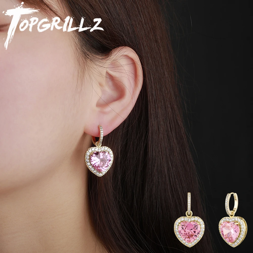 

TOPGRILLZ новые розовые циркониевые серьги-капли в форме сердца ювелирные изделия из кубического циркония со льдом микро кубического циркония ...