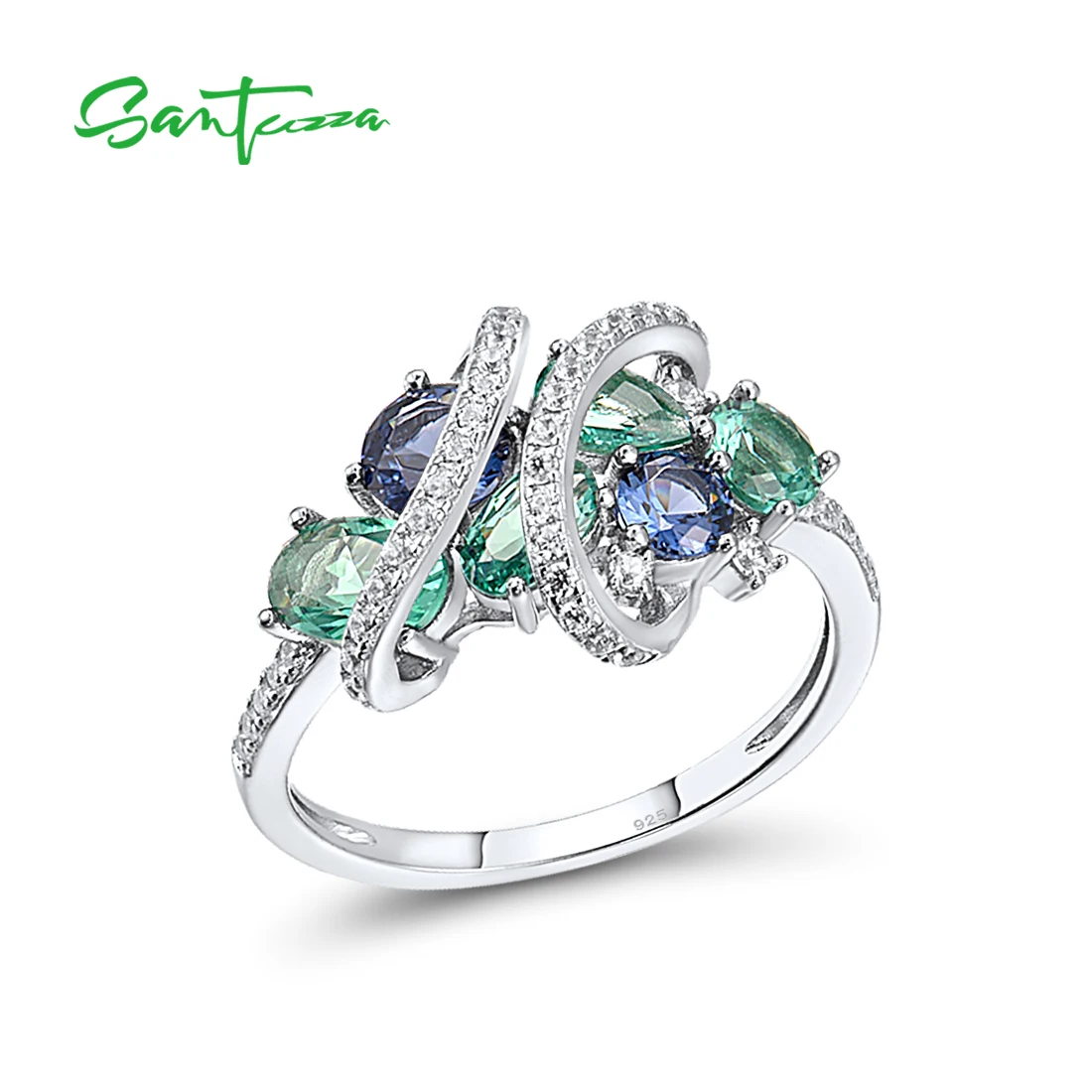 SANTUZZA 925 Sterling Silver Rings For Women Green Blue Spinel White CZ Gemstone Original anillos Wedding Gifts Fine Jewelry