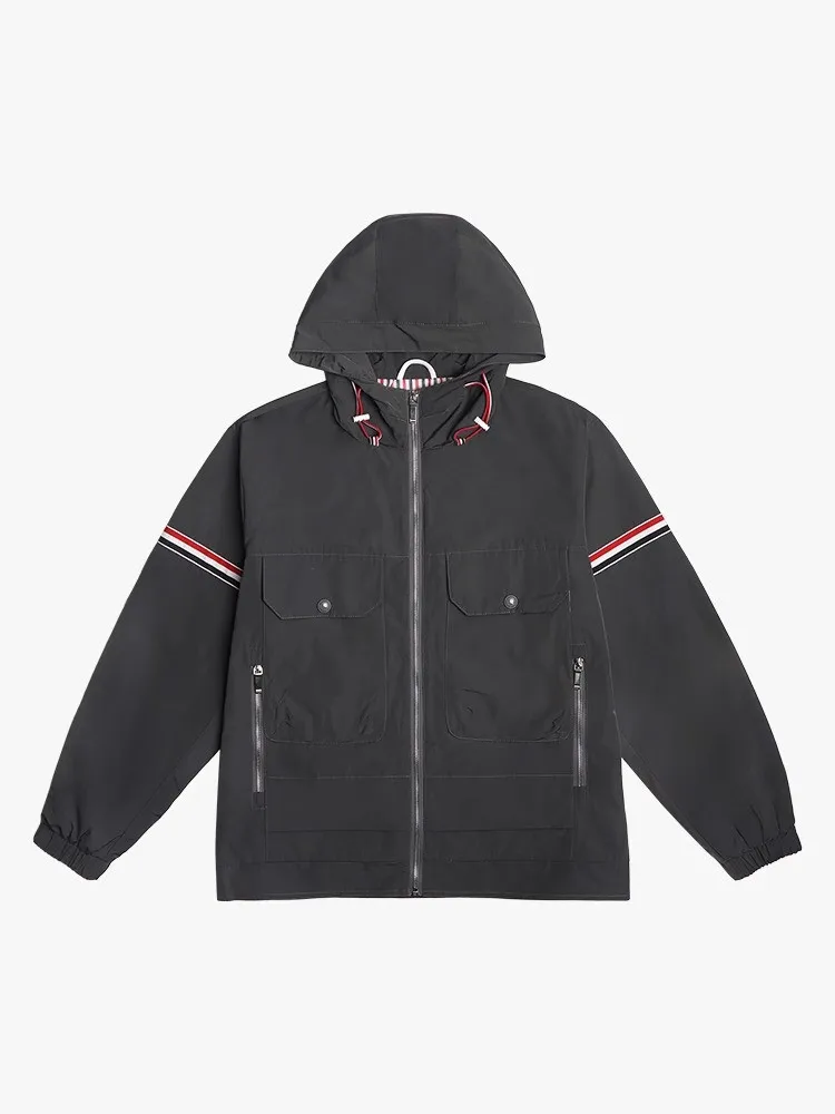 

TB THOM Men's Assault Jacket Spring And Autumn Striped Casual Windbreaker Stand Collar Hooded Zipper Multi-Pocket Jacket Coat