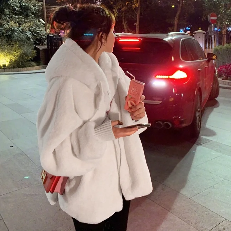 White Faux Fur Jacket Women Hood High Quality Fur Coat Oversized Loose Long Sleeve Zipper Korean Fashion Clothing for Women 2023