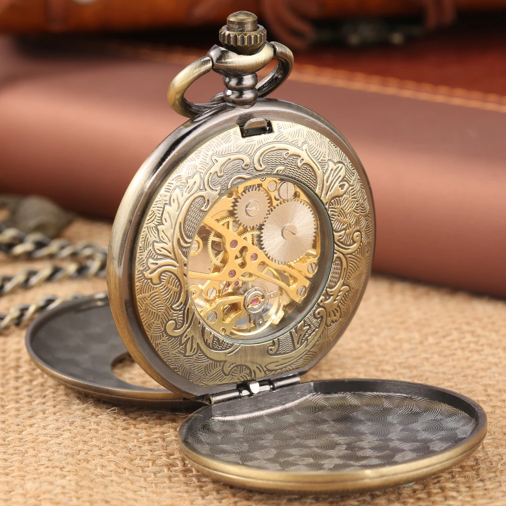 Double Cover Bronze Roman Numeral Carved Display Manual Mechanical Pocket Watch Luxury Vintage Antique Hand Winding Pocket Clock