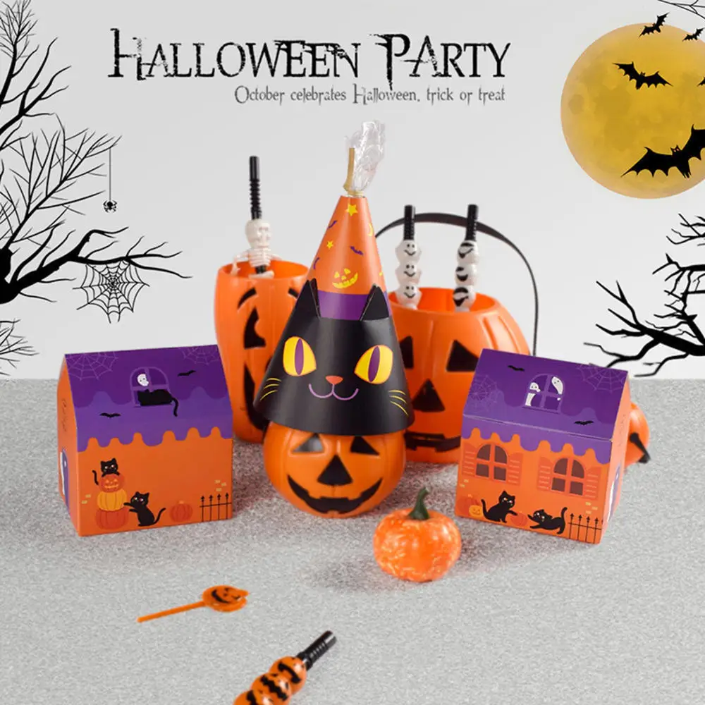 Es Pumpkin Witch Cat Cookie Gift Packaging Box With Opp Bags Kids Halloween Party Trick Or Treat Favors
