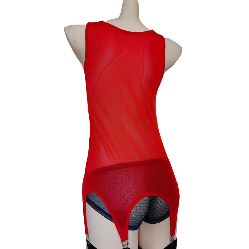 Sexy Women Mesh Garter Belt See Through Bodysuit with 6 Straps Suspender Belt for Stocking Vest Night Club Underwear