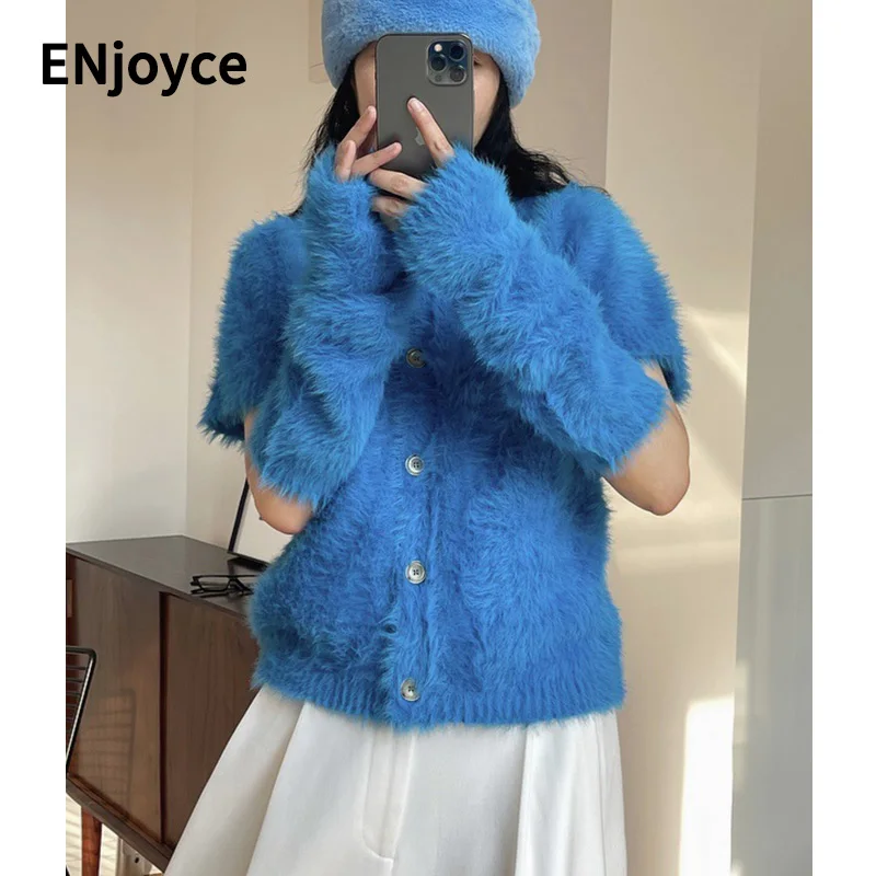 2022 Winter Women Short Sleeve Plush Knitted Sweater Cropped Tops and Cuffs Two-piece Set Korean Style Blue Knitted Pullovers