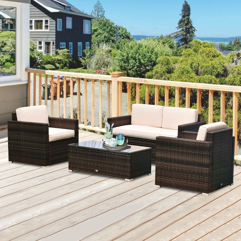 

4 Pieces Wicker Patio Furniture Set with Cushions, Outdoor Sectional Furniture with 2 Sofa, Loveseat, and Glass Top Coffee Table