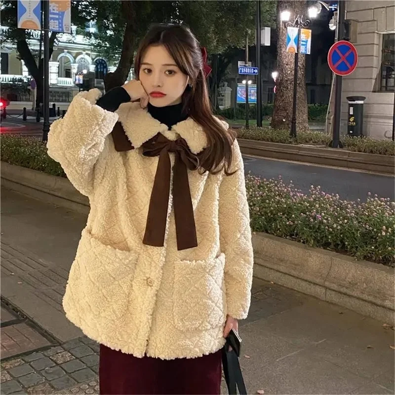 Women's Bow Shawl Street Fashion Long-sleeved Women's Clothing 2022 Autumn and Winter Diamond Lattice Thick Lamb Fur Fur Coat
