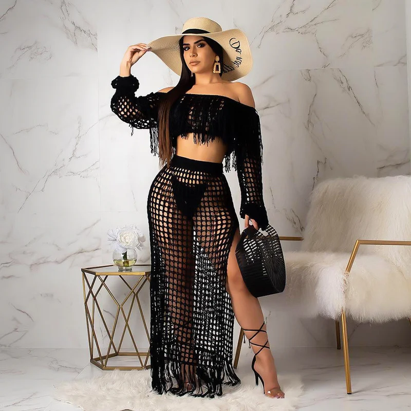 

Ladies Stretch Sexy Transparent Hollow Mesh Party Streetwear Solid Color Two Piece Suit Independent Summer Knitted Long Skirt
