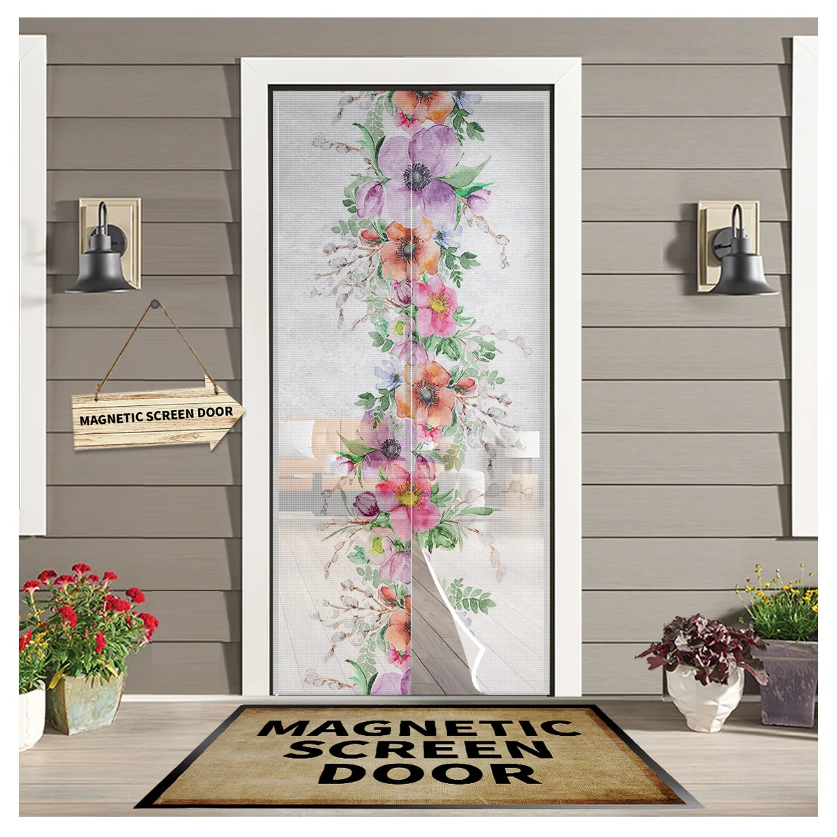 

Watercolor Morning Glory Plant Magnetic Screen Door Curtain Living Room Bedroom Kitchen Anti-mosquito Window Screen