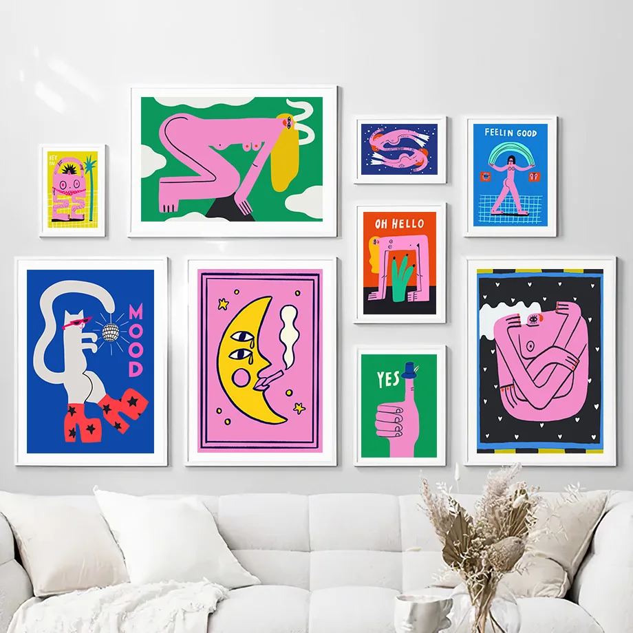 

Плакат с изображением мультяшной кошки, рыбы, овчины, плакат, принт, тело, луна, леди, настенная Картина на холсте, картины в скандинавском стиле, декор для гостиной