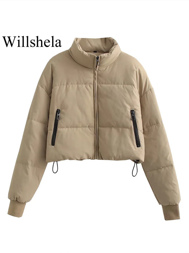 

Willshela Women Fashion Khaki Jackets Coat With Pockets Vintage Front Zipper High Neck Long Sleeves Female Chic Lady Outfits