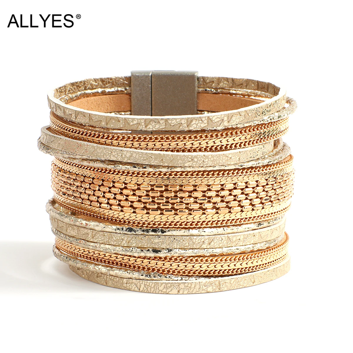 

ALLYES Shiny Genuine Leather Bracelets for Women Fashion Wide Wrap Bracelet Bangle Wristband Statement Jewelry Gifts