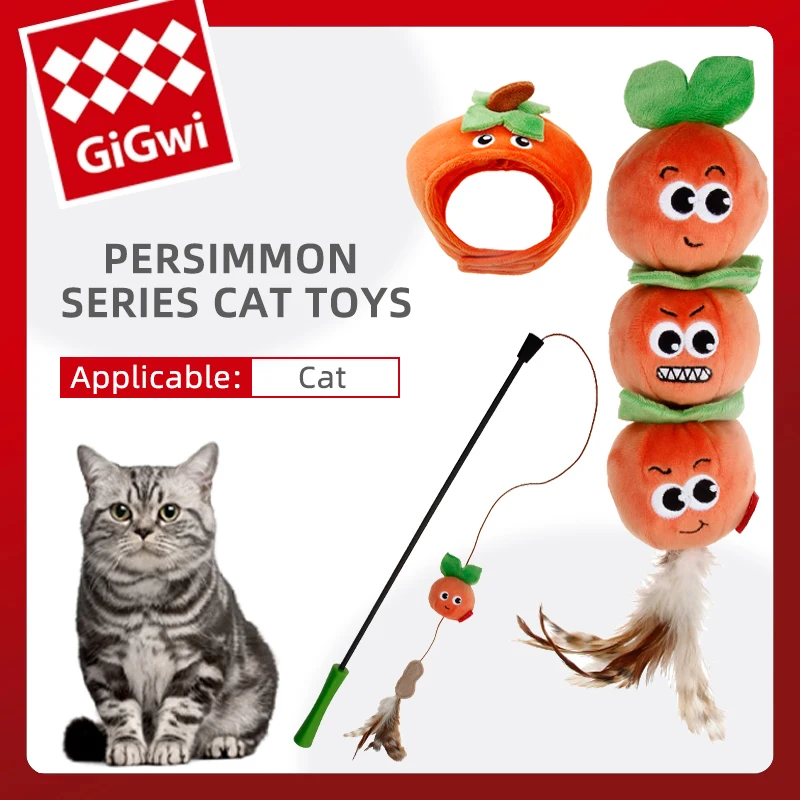 

GiGwi Cats Toys Pets Hat Persimmon Bite-Resistant Toy Ball Rubber Handle Cat Teaser Stick Interactive Head Cover Pet Supplies