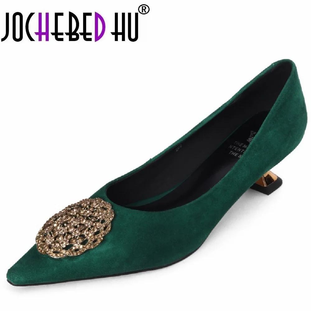 

【JOCHEBED HU】Women Pumps Dress Shoes Genuine Leather High Heels Elegant Shoes On Heel With Crystals Pointed Toe Shoes 33-40