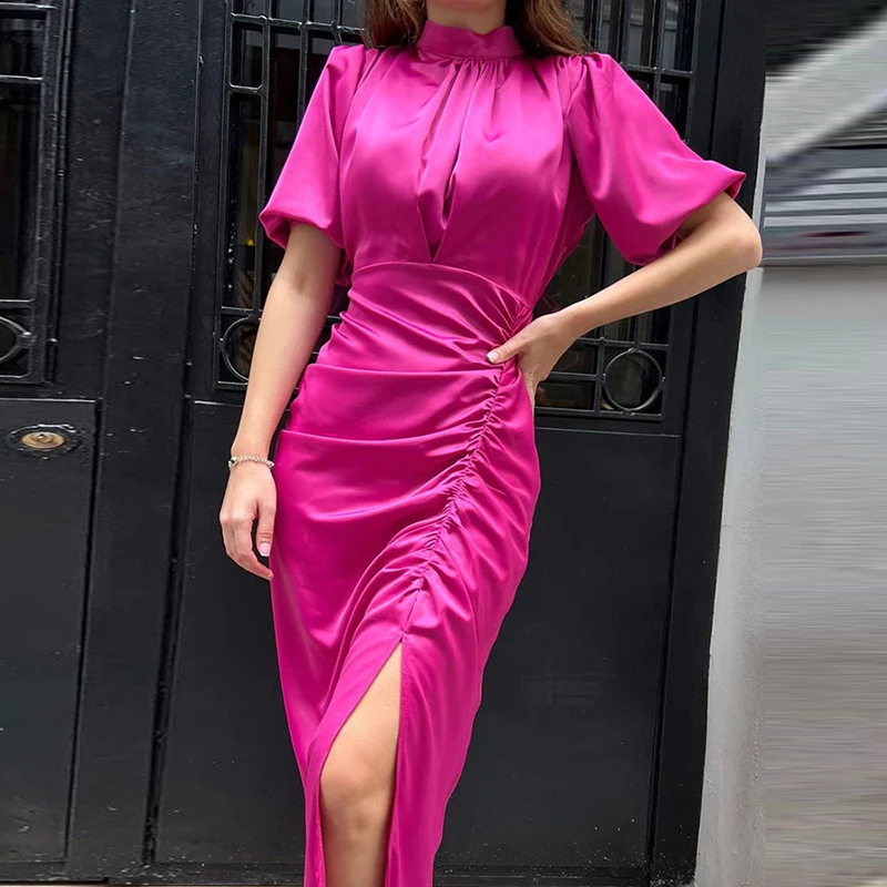 

Женское вечернее платье с коротким рукавом, однотонное атласное платье-макси с высоким воротником и разрезом сбоку