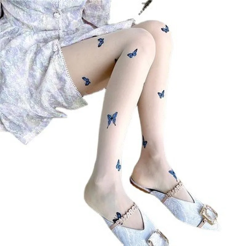 Сексуальные модные женские колготки темно-синего цвета с принтом бабочки тонкие