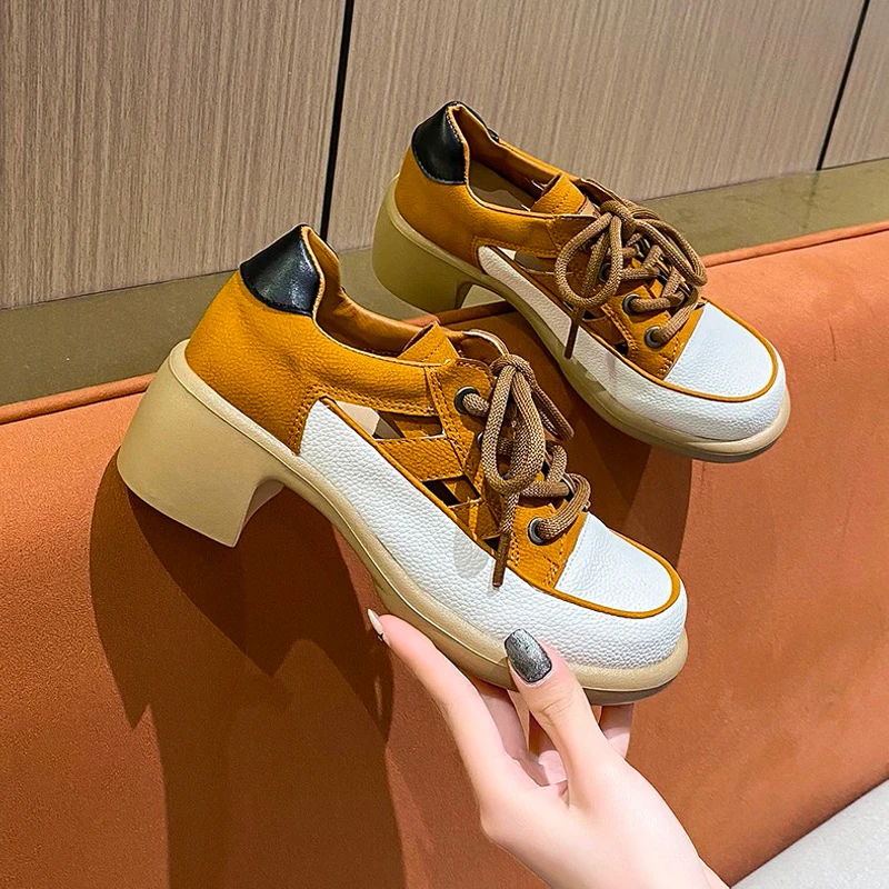 Summer Cut-out Sneakers Woman Feminine High Heel Dress Shoes Ladies Casual Lace-Up Platform Sandals Wide Fit