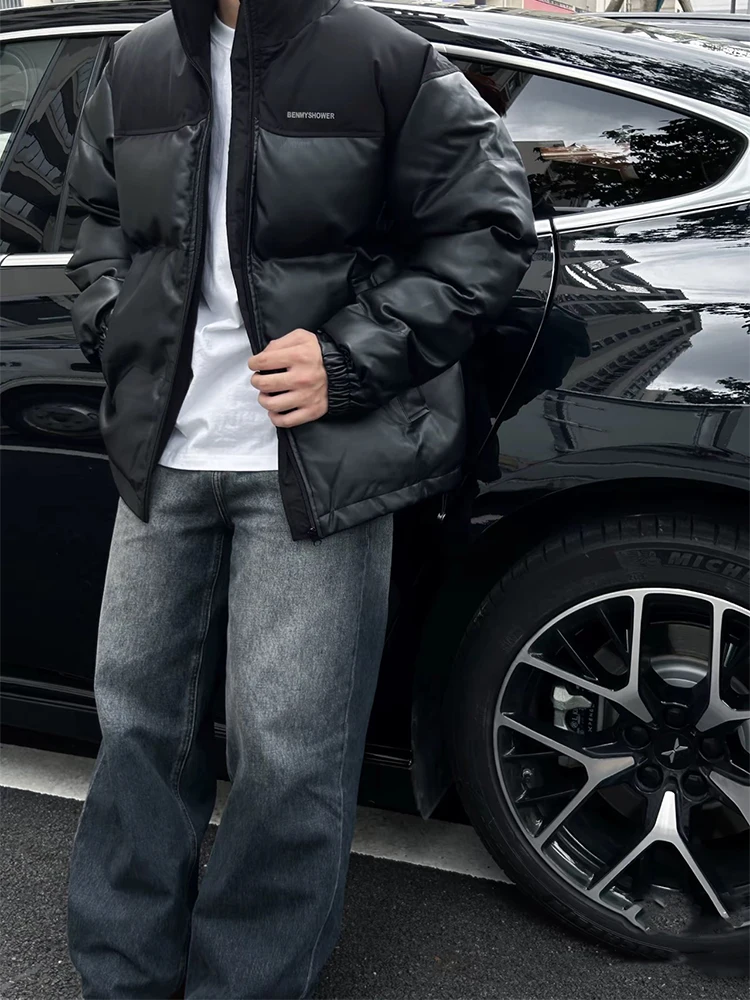 Мужской зимний пуховик из искусственной кожи с воротником-стойкой American-Sle модная