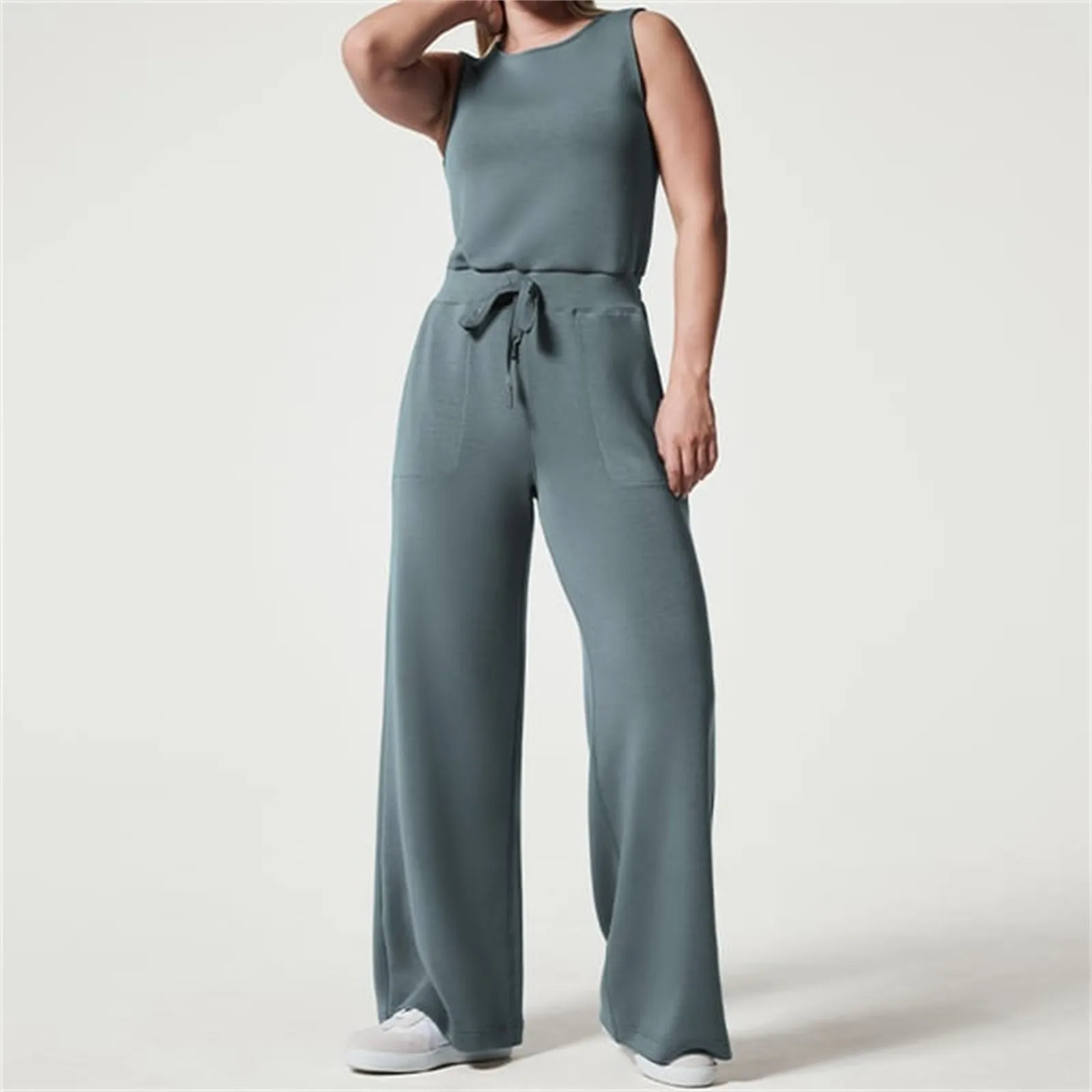 

Air Essentials Jumpsuit 2023 New Spring Solid Jumpsuits For Women Casual Loose Short Sleeve Belted Wide Leg Pant Romper Streetwe