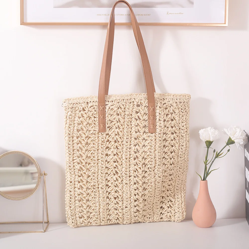 

Women's Hand-Woven Straw Handbag Summer Boho Hollow Out Large Capacity Shoulder Bag Handmade Rattan Bucket Tote Shopping Bag