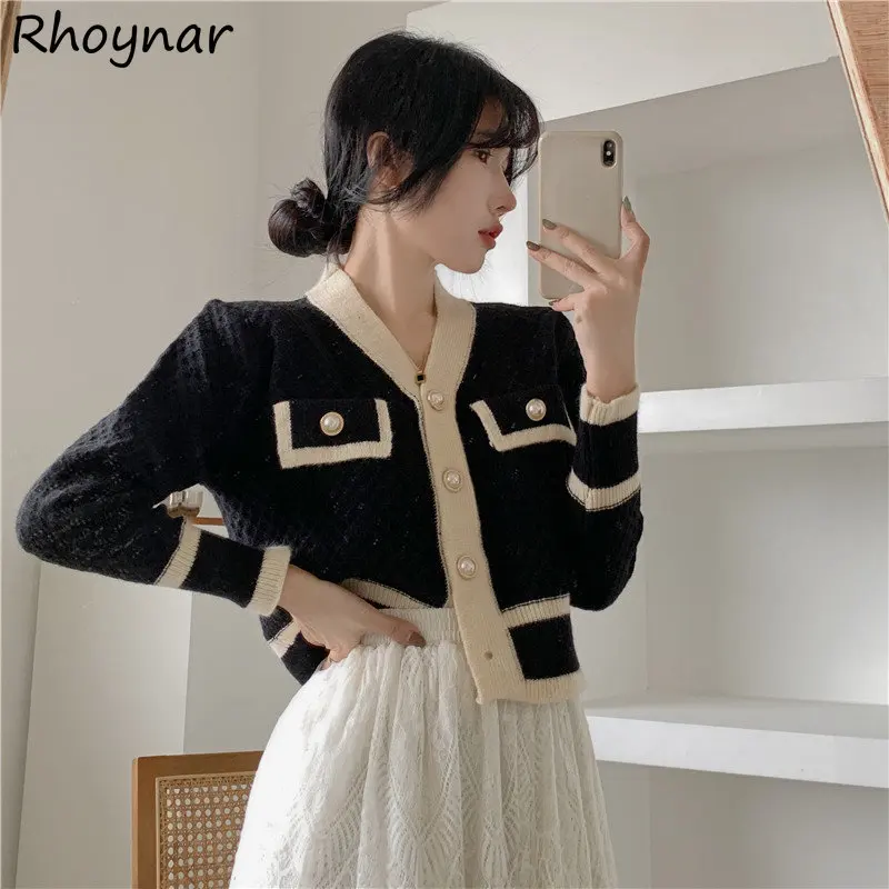 

Vintage Elegant Cardigan Women Autumn New Design Cropped Pearls Sweet Fashion Patchwork Temper All-match Ulzzang Popular Chic