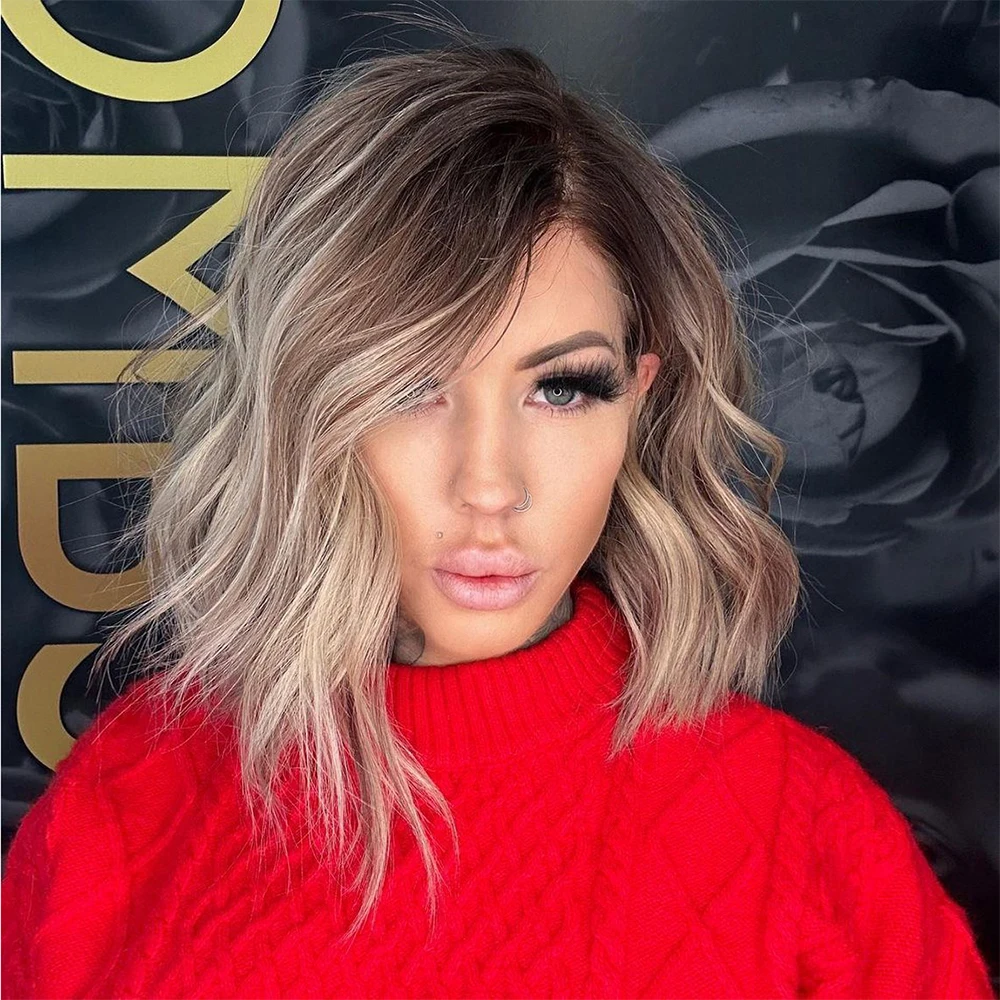 Light Ash Blonde Full Lace Human Hair Wigs with Dark Roots a