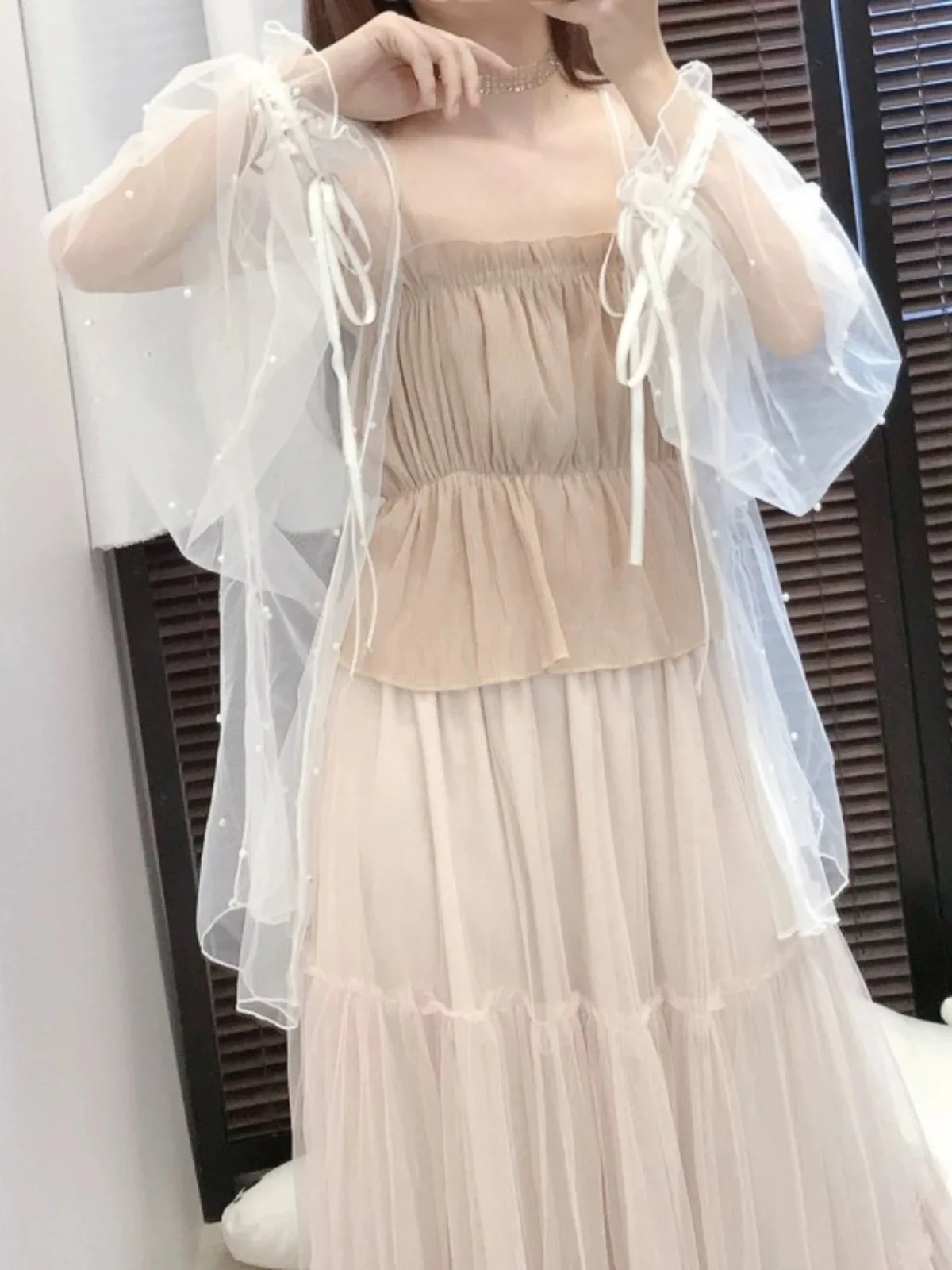 Корейский стиль милое прозрачное сетчатое кимоно с бисером кардиган женские