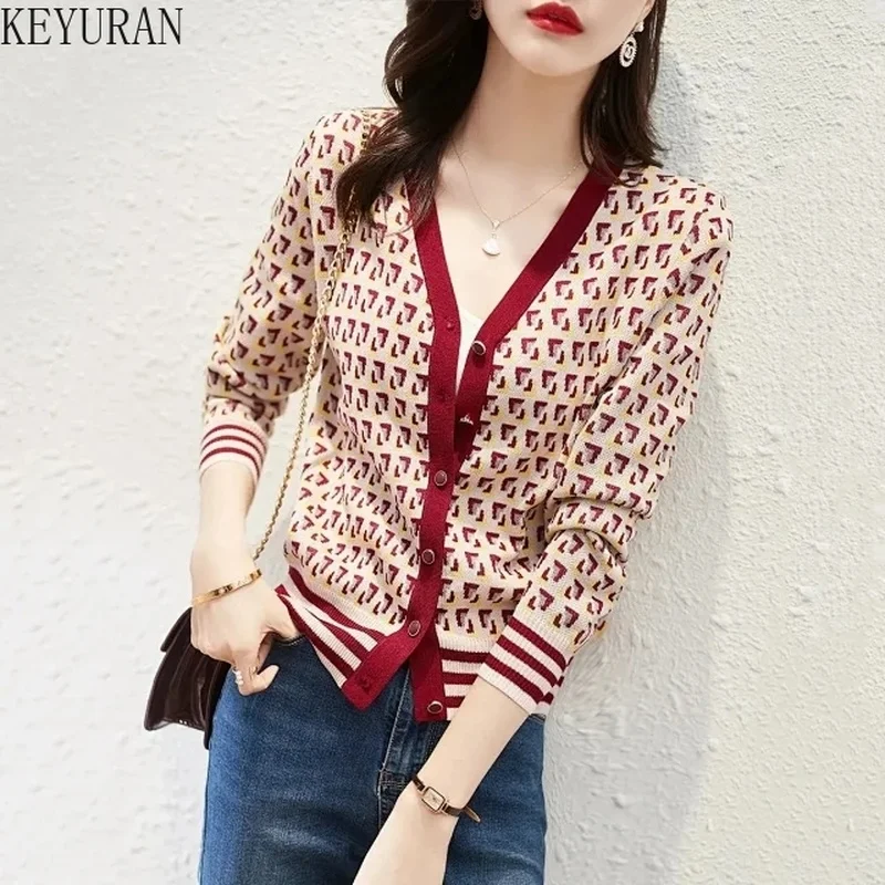 

Women V-neck Cardigan Sweater Striped Print Knit Cardigan Short Jacket 2022 Spring Autumn Fashion Long Sleeve Crop Top Jumper