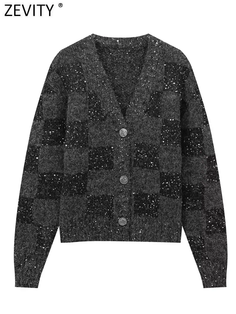 Новинка Женский жаккардовый вязаный свитер Zevity с блестками и V-образным вырезом