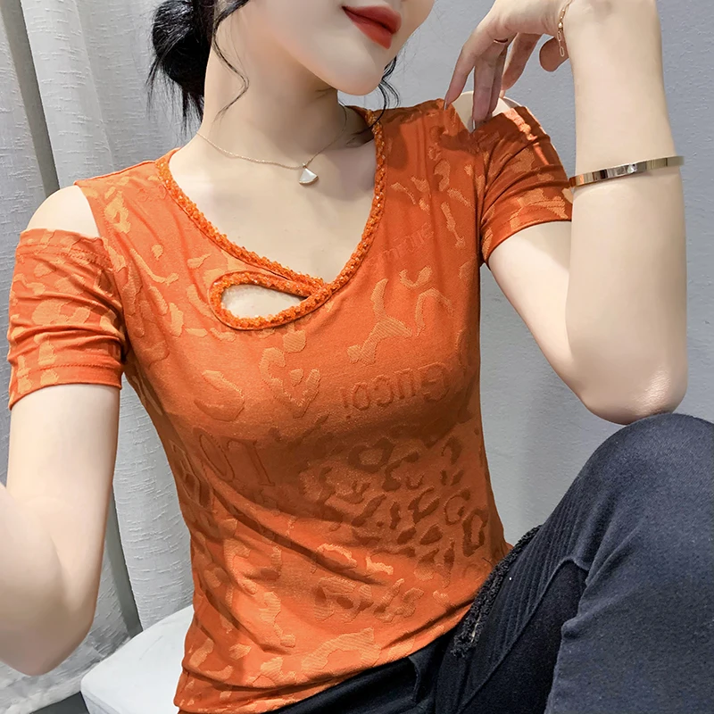 Женская эластичная жаккардовая футболка ажурный топ с коротким рукавом и
