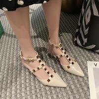summer fashion solid color rivet womens sandals comfortable adult mid heel empty pointed toe fashion female shoes lady sandal