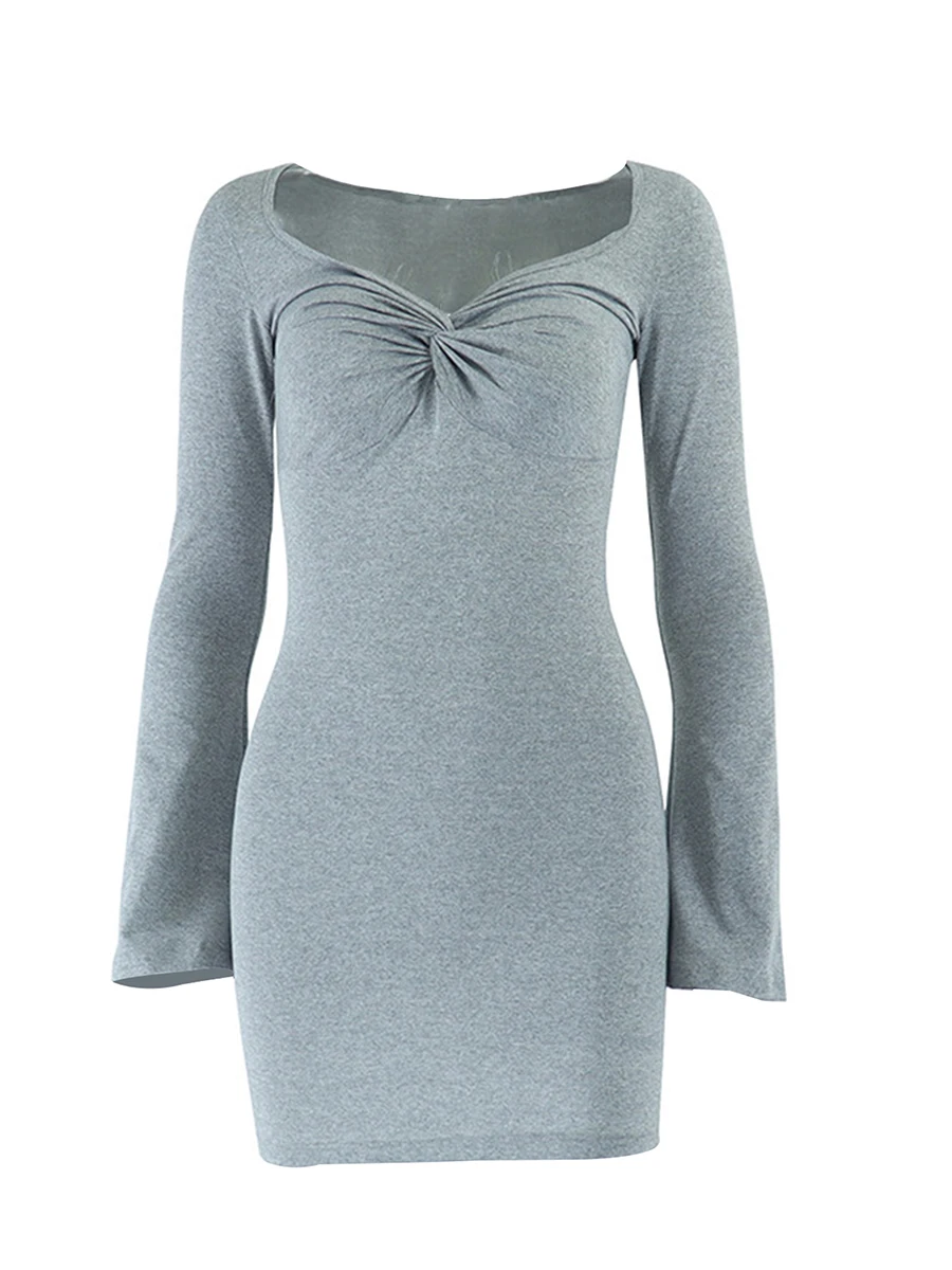 

Женское пикантное облегающее мини-платье с V-образным вырезом, облегающее короткое платье с расклешенным рукавом и рюшами, однотонное Плисс...