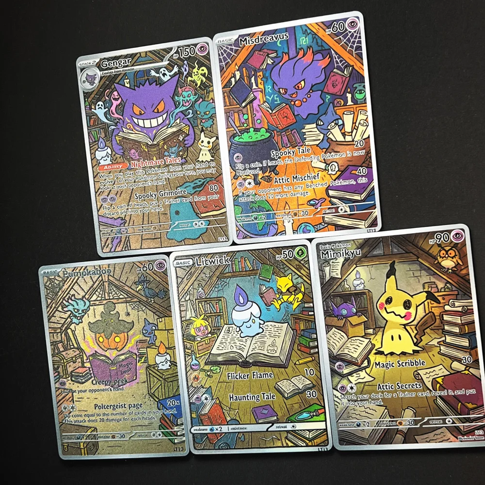 Фото 5 шт. голографических карт в стиле PTCG Pokemon: Gengar, Misdreavus, Pumpkaboo, Litwick, Mimikyu, подарочные карточки Pokemon, коллекционные флеш-карты Pokemon. №3