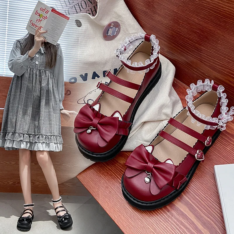 

Lolita Platform Women's Shoes Cute Bow Round Toe Doll Fashion Shoes Harajuku Flat Soft Sole Leather Shoes Zapatos De Mujer