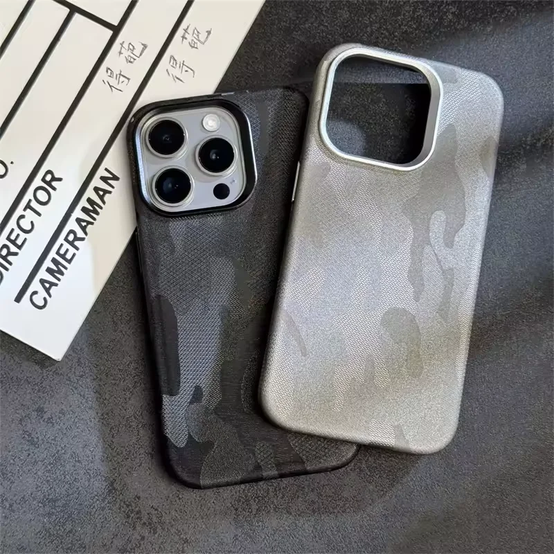 Фото Фланелевый чехол MagSafe с беспроводной зарядкой для iPhone 16, 14, 15, 13, 12 Pro Max, защитный чехол из сплава, жесткий чехол из камуфляжной ткани №1