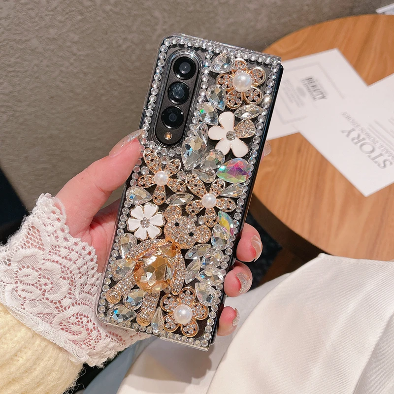 

Fashion Bear Rhinestone Phone case For Samsung Galaxy Z Fold 3 2 Diamond Flower Cover