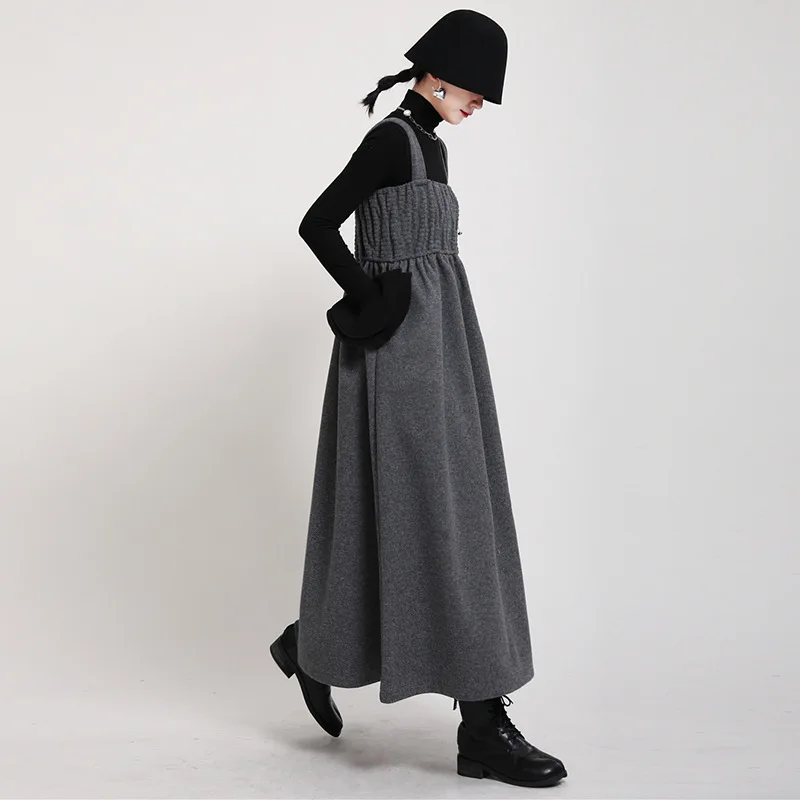 

Sundress Women Woolen 2023 Pleated Dresses Suspender Skirt Loose One-piece Street Large Swing Autumn Winter Black Long Clothing