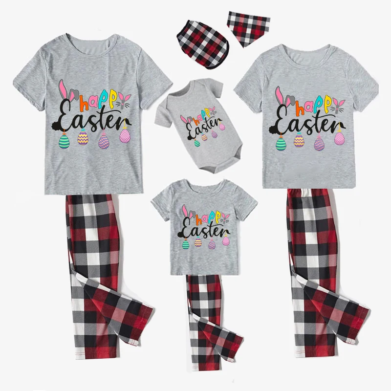 Easter Family Matching Pajamas Exclusive Design Happy Easter Slogan Eggs Gray Pajamas Set