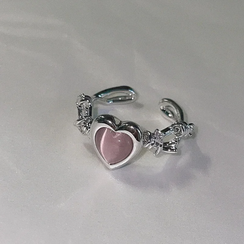 

Fashion Light Luxury High Sense Pink Love Ring for Women Personality Romantic Peach Heart Zircon Opening Vintage Ring Jewelry