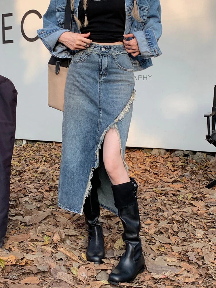 

Женская винтажная юбка-трапеция LY VAREY LIN, модная сексуальная джинсовая юбка с высокой талией и разрезом, весна-лето