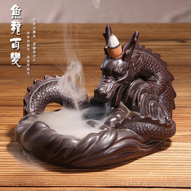 Creative Dragon Incense Burner Smoke Waterfall Backflow Incense Holder Censer Ceramic + 20pcs Incense Cones