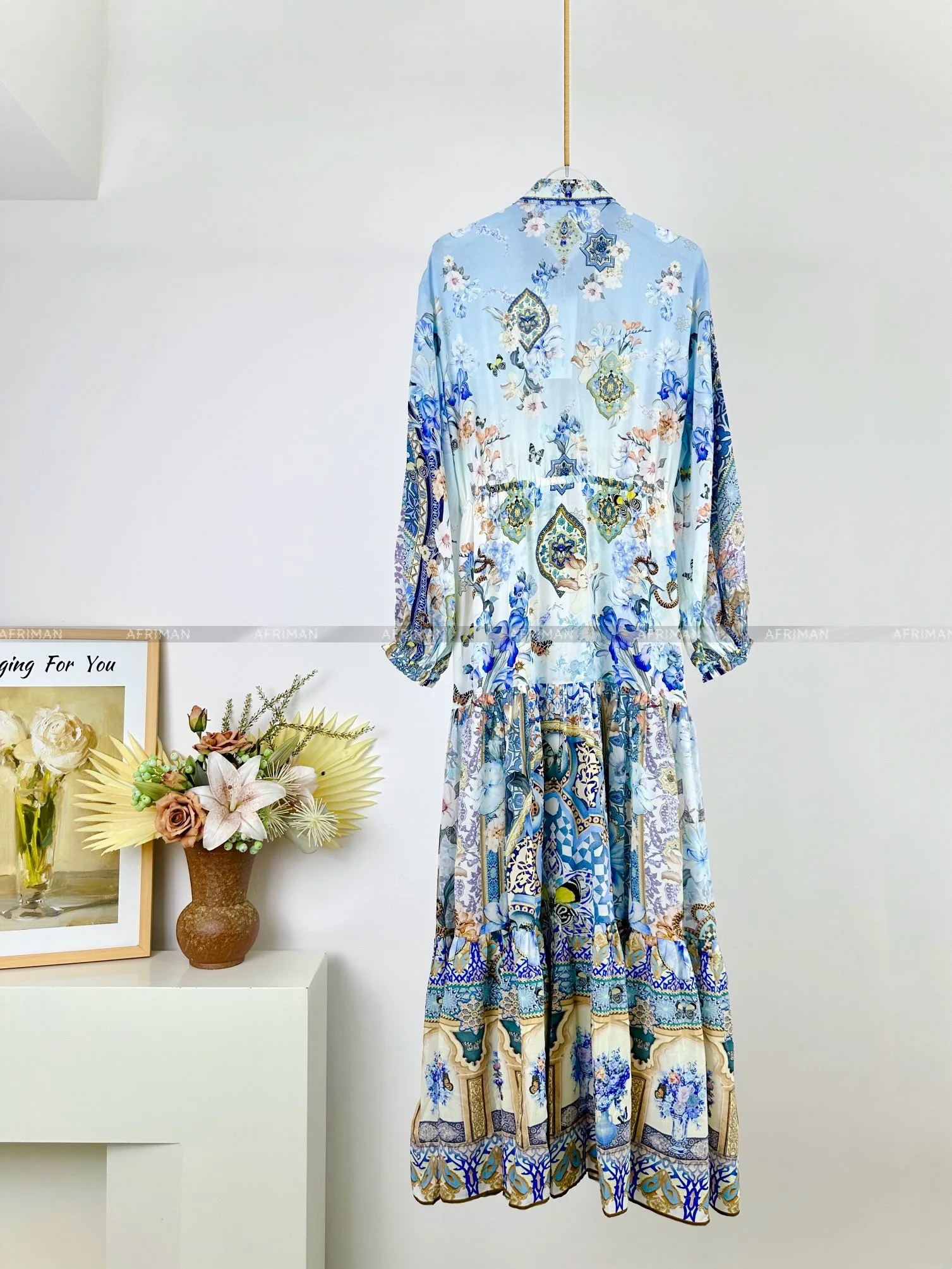 Женское однобортное платье-рубашка из 100% шелка с длинным рукавом и синим