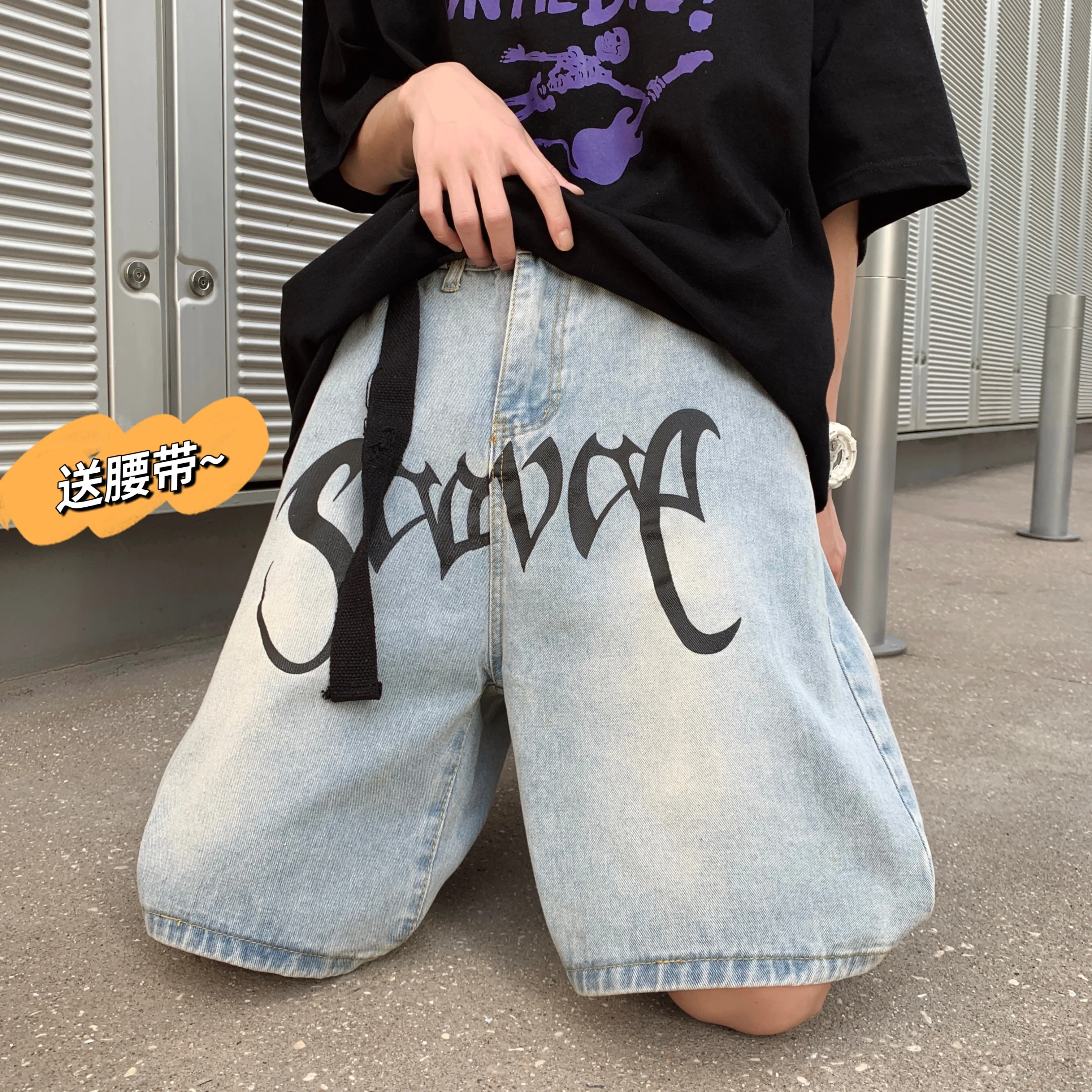 CHIPS Summer Dark Letter Print Men Jeans Short Vintage Denim Men Pants Japanese Harajuku Streetwear Hip Hop Casual Loose Shorts