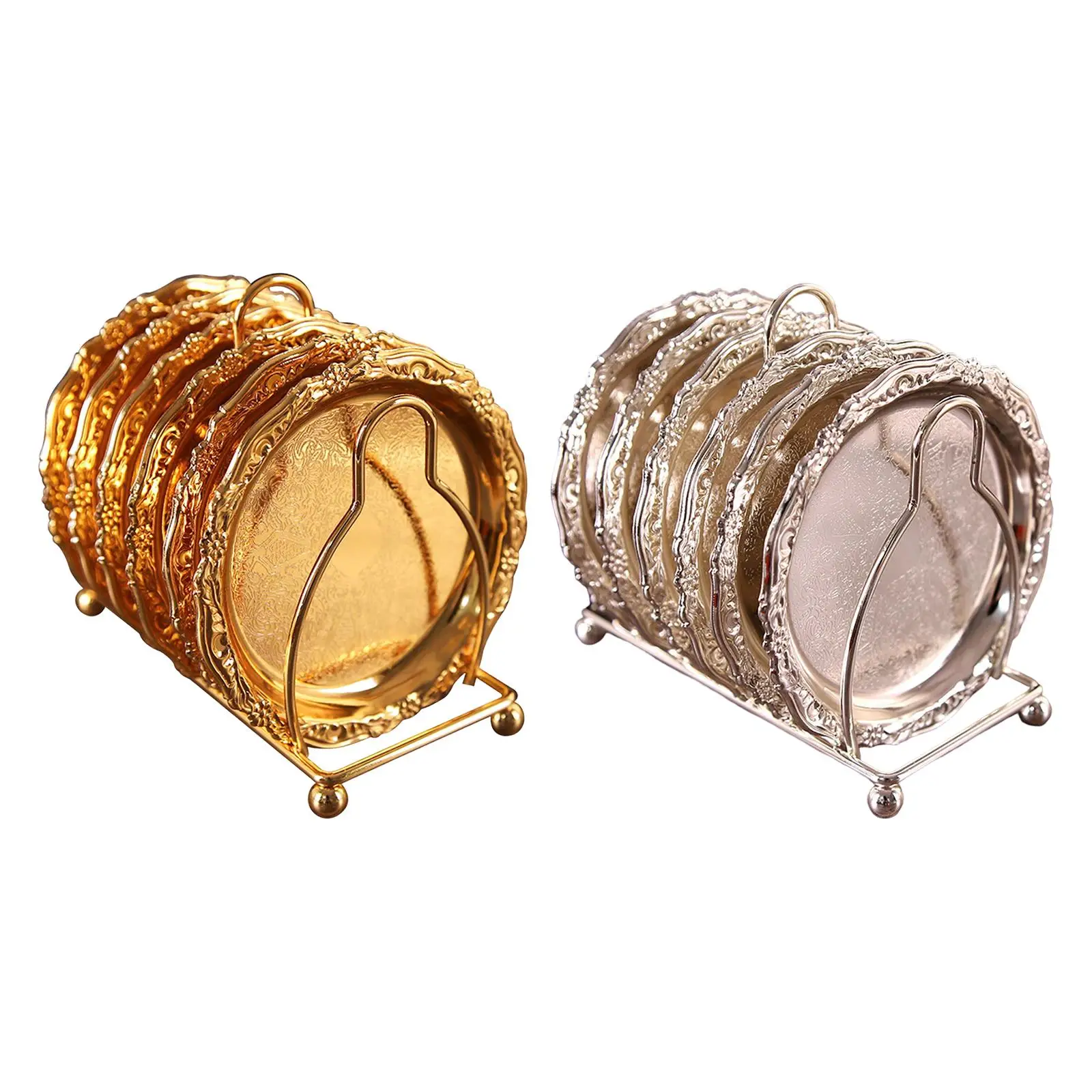

6 Count Metal Coaster Heat Insulation Coaster Placemats with Holder, Home Decoration Cup Mat Pad European Style Round Non Slip