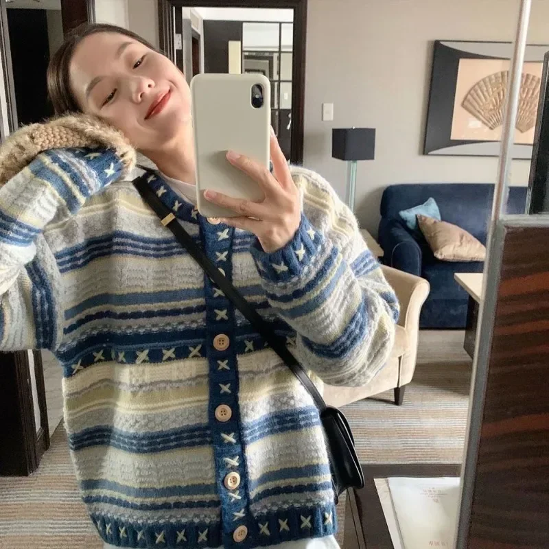 Винтажный полосатый кардиган со звездами Y2k свободные свитера женские вязаные